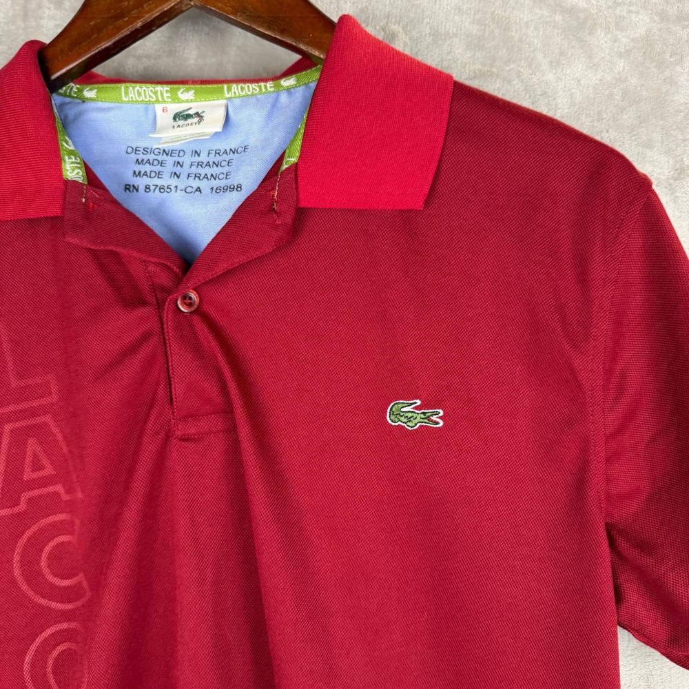 Lacoste Mens Red Polo Shirt Short Sleeve Embossed Logo Made in France Size 6 XL